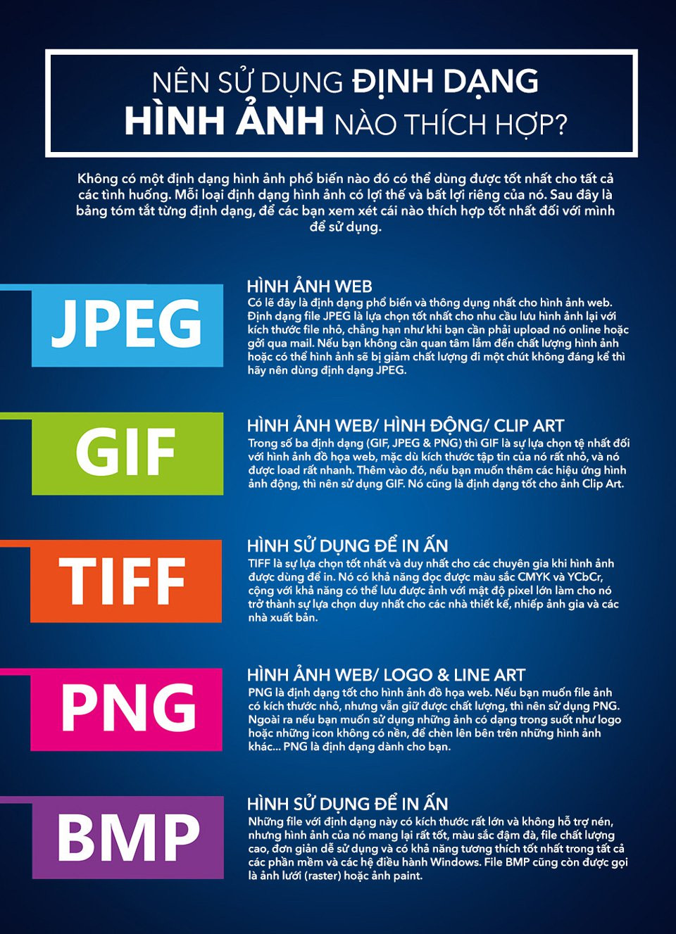Infographic nên sử dụng định dạng JPG, PNG, GIF, TIFF và BMP